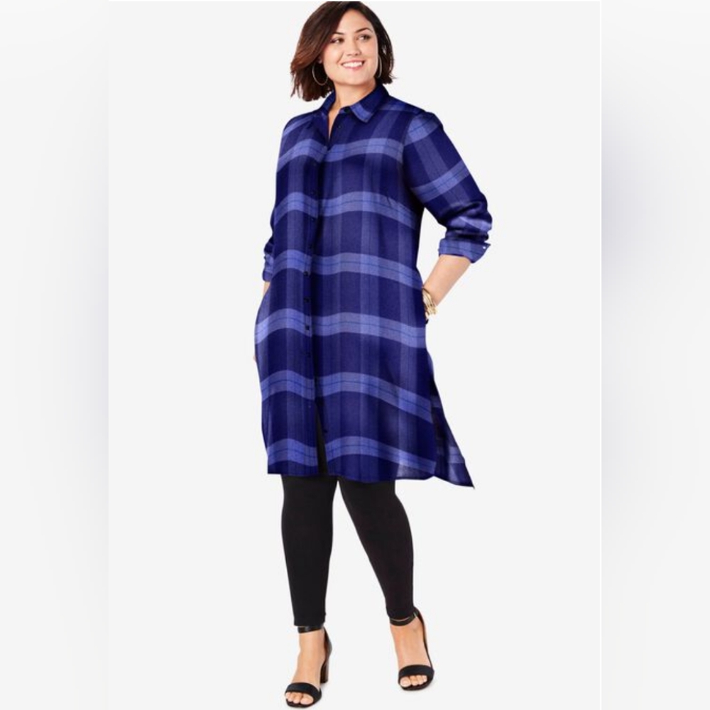 Roaman's Extra Long Button-Front Ultra Tunic Blue Plaid Plus Size 22 W
